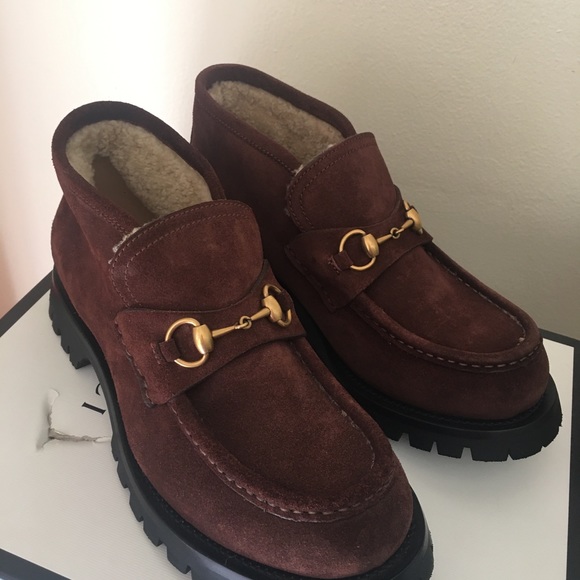 NEW GUCCI MEN'S BROWN SUEDE SHEARLING FUR HORSEBIT BOOTS/Loafer size G8/US 8.5 - Picture 2 of 9